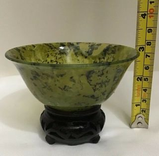 Vintage Chinese Hand Carved Spinach Jade Bowl With Stand - 2” Tall And 4” Across