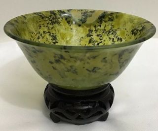 Vintage Chinese Hand Carved Spinach Jade Bowl With Stand - 2” Tall And 4” Across 2