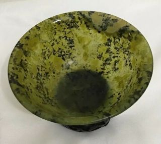 Vintage Chinese Hand Carved Spinach Jade Bowl With Stand - 2” Tall And 4” Across 3