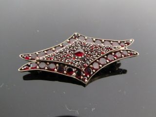 Victorian Antique Faceted Red Bohemian Garnet Gilt Brass Brooch Pin