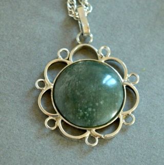 Vintage 835 Silver Pendant With Green Stone & Silver Chain Necklace
