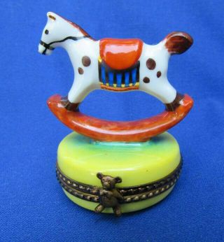 Vintage Limoges Peint Main Porcelain Rocking Horse Hinged Covered Trinket Box