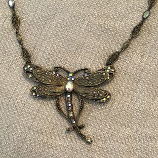 Sweet Romance Antiqued Metal Dragonfly Crystal Necklace