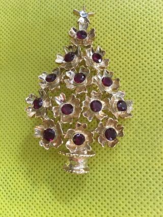 Vintage Swoboda Signed Garnet Gemstone Christmas Tree Gold Pin Brooch