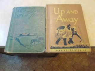 2 Vtg Reading For Meaning School Reader Books Up And Away & We Live On A Farm Hc