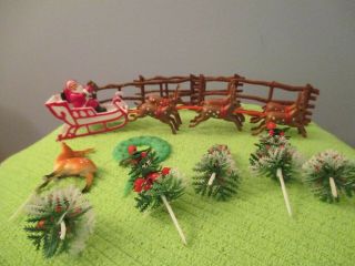 Vintage Christmas Cake Topper Deer,  Santa Sleigh And Tree Scene