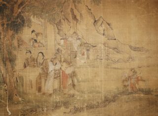 Antique Chinese Painting On Silk Figures In Landscape Large Size