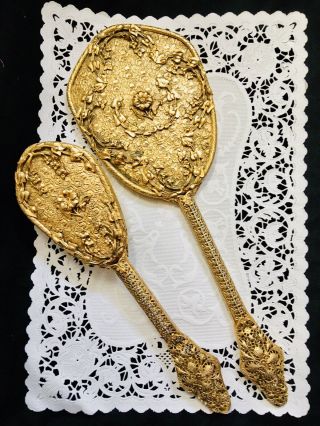 Vintage Ornate Floral Filigree Gold Hand Mirror/ Brush Vanity Set Old Hollywood