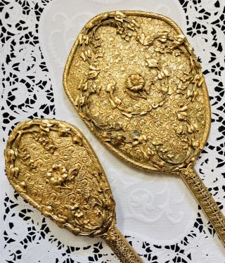 Vintage Ornate Floral Filigree Gold Hand Mirror/ Brush Vanity Set Old Hollywood 2