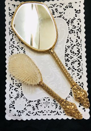 Vintage Ornate Floral Filigree Gold Hand Mirror/ Brush Vanity Set Old Hollywood 3