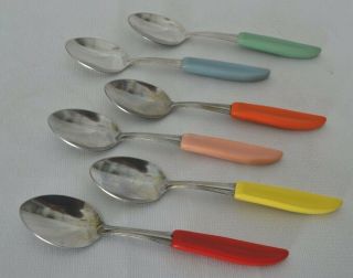 Vintage Set Of 6 Spoons Colorful Plastic Handles Swirl Point Tip Camp Dorm Fun