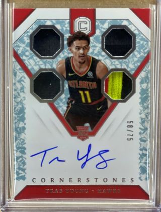 2018 - 19 Cornerstones Basketball Trae Young Quad Rookie Patch Auto /75 Rpa Rc[sq]
