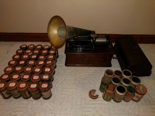 Antique 1906 Edison Phonograph Cylinder Player In Case - Many Records