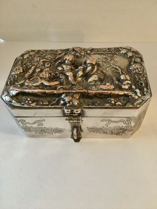 Antique Victorian English Silver Plate On Copper Cherub Jewelry Hinged Box