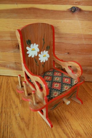 Doll Rocking Chair Vintage Wooden Sewing Pin Cushion Thimble Thread Spool Holder