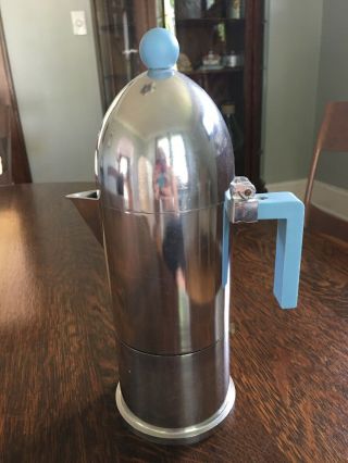 Vintage Alessi Espresso / Coffee Maker With Blue Handle And Knob Stainless Steel