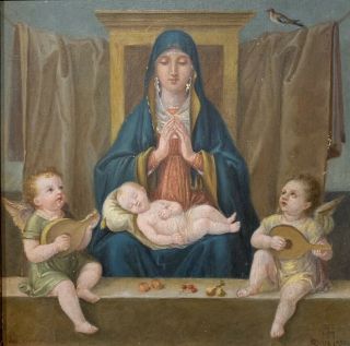 Signed Antique Italian Renaissance Madonna & Child With Cherubs - Oil Painting
