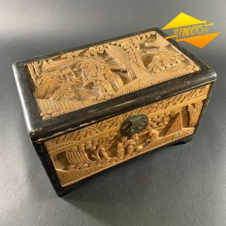 Vintage Intricately Carved Oriental Miniature Camphor Wood Jewellery Deed Box