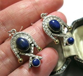 Vintage Style Modernist Sterling Silver & Gold Lapis Lazuli Gem Stone Earrings