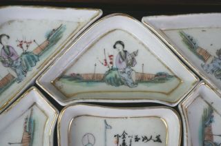 Antique Chinese Famille Rose Porcelain FULL Set Sweetmeat Dishes Hongmu Wood Box 3
