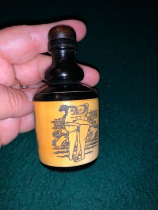 Vintage Bovine Bone & Wood Snuff Bottle Carved Erotic Scenes With Spoon