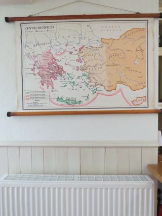 Lovely Atmospheric Vintage Pull Roll Down School Wall Map Of Greece Crete