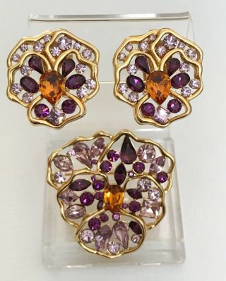 Lovely Vintage Nolan Miller Gold Tone Rhinestone Brooch Clip Earring Flower Set