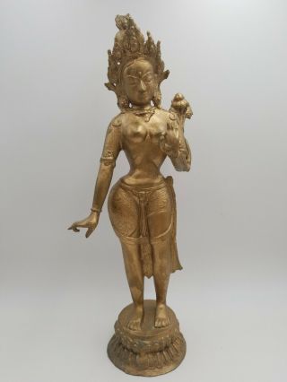 Antique Vintage Brass Hindu Goddess Lakshmi Sculpture Statue 4.  6lbs Large 17”