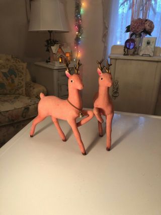 2 Pretty Vtg.  Christmas Flocked Pink Reindeer Prancing Deer Tags Japan