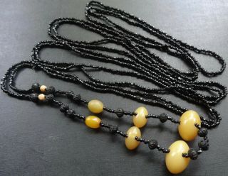 Vintage 92 " Art Deco French Jet Black Glass Amber Lucite Bead Flapper Necklace