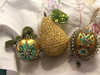 Set Of 3 Vintage Beaded Christmas Ornaments Sequin Satin Beads Gold Turquoise
