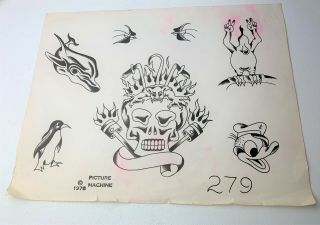 Vintage 1978 Rare Picture Machine B & W Donald Duck Tattoo Flash Sheet 279