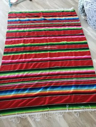 Vintage Mexican Saltillo Serape Blanket 60 " X 80” With Fringe Cotton - Wool Woven