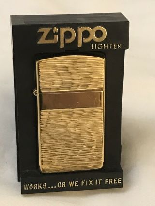 Vintage 1980 Zippo Gold Tone Slim “arc” Engine Turned Lighter Great