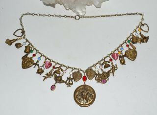 Vtg Antique Gold Tone Multi Charm Angel Cherubs Jewels Hearts Locket Necklace