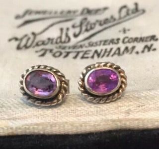 Vintage Jewellery Sterling Silver And Real Amethyst Signed Earrings - Pierced