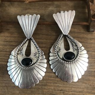 Vintage Navajo Artisan Signed Nakai Sterling Silver Onyx Bench Stamped Earrings