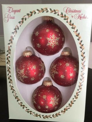 4 Vintage Krebs Red/gold Snowflake Glass Ball Christmas Tree Ornaments Box