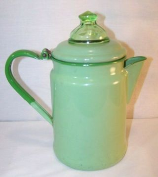 Vintage Green Enamel Coffee Percolator Pot Green W/ Depression Glass Top