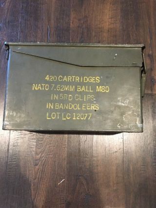Vintage Metal Ammo Box 420 Cartridges Nato 7.  62mm Ball M80 In 5rd Clips