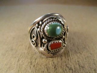 Vintage Sterling Silver & Turquoise/coral Ring,  Unsigned,  Size 12,  9.  9g