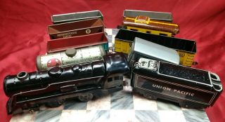 Vintage Marx Toys Standard O Gauge Tin Litho Wind Up Train,  Tender,  Cars,