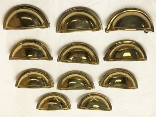 11 Vintage Cast Brass Bin Pulls Cup Clamshell Handles Apothecary