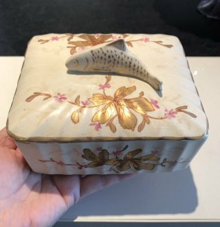 Antique Crown Devon Porcelain Sardine Serving Dish Fish Handle Lidded Box