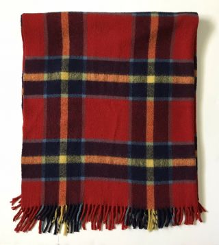 Vintage Troy Robe 100 Wool Blanket Throw Red Navy Blue Plaid 48x58” Fringe