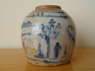 C.  17th - Antique Vintage Chinese Stoneware Blue & White Ming Ginger Jar Pot