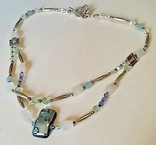 Necklace Art Glass Car Shaped Pendant Beaded Blue Silver Vintage 21 In