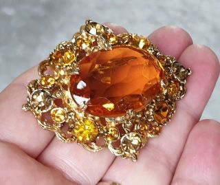 Stunning Vintage Jewellery Faceted Amber Crystal Agate Gold Brooch Pin