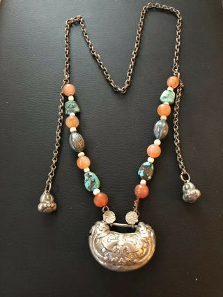 Antique Chinese Silver Lock Necklace Agate Carnelianturquoise Enamel Bead Symbol