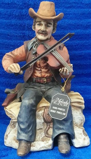 Vintage Waco Melody In Motion Cowboy Fiddler Hand Painted Porcelain Music Box